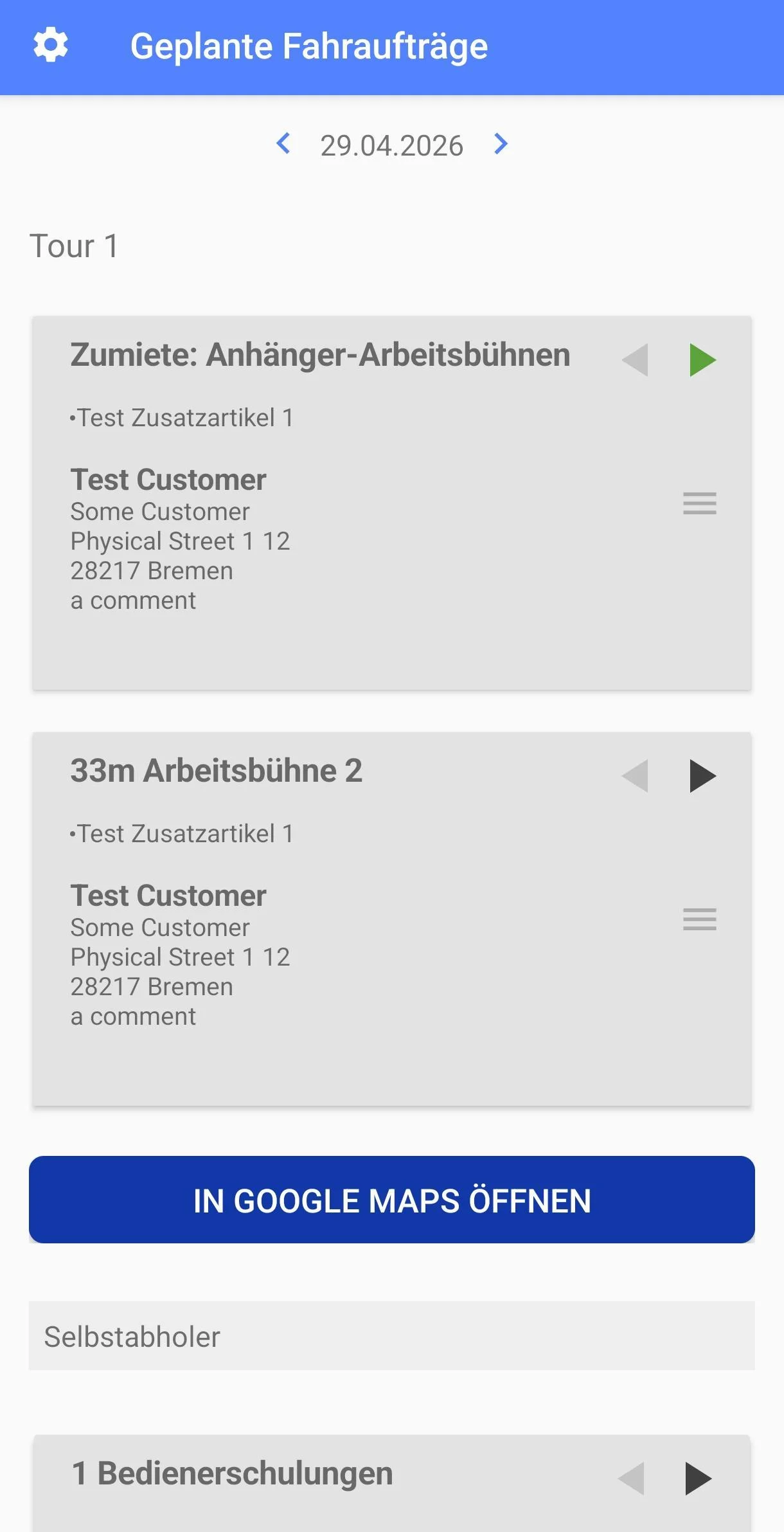 MIRA Übergabe-App: Tagesansicht mit geplanten Fahraufträgen pro Tour und Button „In Google Maps öffnen“