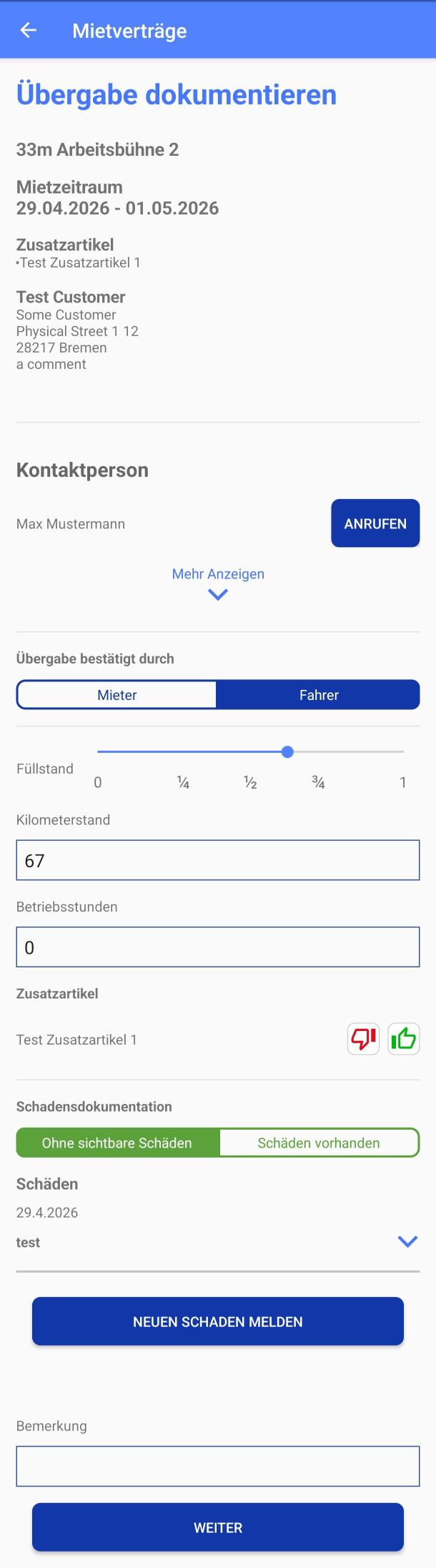 MIRA Übergabe-App: Übergabe dokumentieren mit Mietzeitraum, Füllstand, Kilometerstand, Schadensdokumentation und Bemerkung