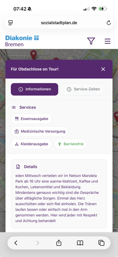 Detail view of an offer: “Für Obdachlose on Tour” with service icons and description