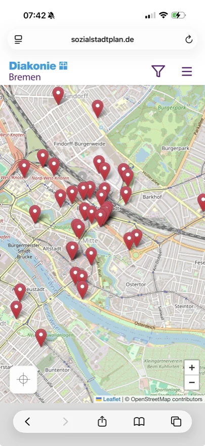 Sozialstadtplan Bremen – map view with aid services in central Bremen